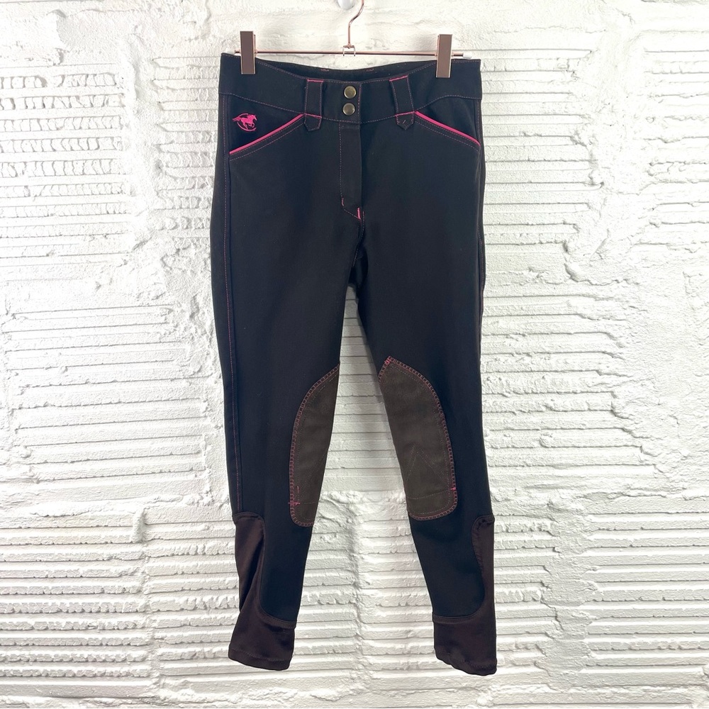 Piper by Smartpak Equestrian Knee Patch Breeches Girls Brown W/ Fuchsia Trim 14